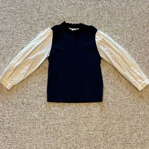 Veronica Beard Navy Sweater with White Eyelet Sleeves